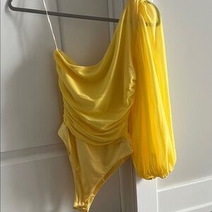 Hello Molly Yellow One-Shoulder Draped Bodysuit with Balloon Sleeve